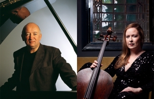 A two-photo collage - on the left, John O'Conor stands under the lid of a piano, on the right, Ailbhe McDonagh sits in front of a window with her cello.